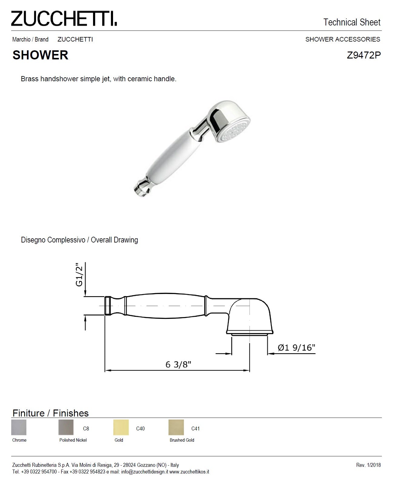 Zucchetti Z9472P.C brass handshower simple jet w/ceramic handle