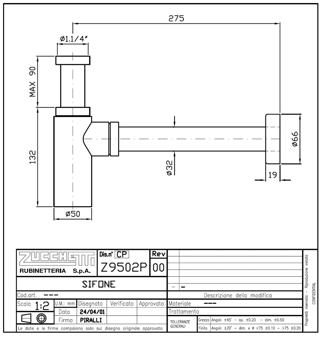 Zucchetti Z9502P 1-1/4" Bottle Trap w/o Plug