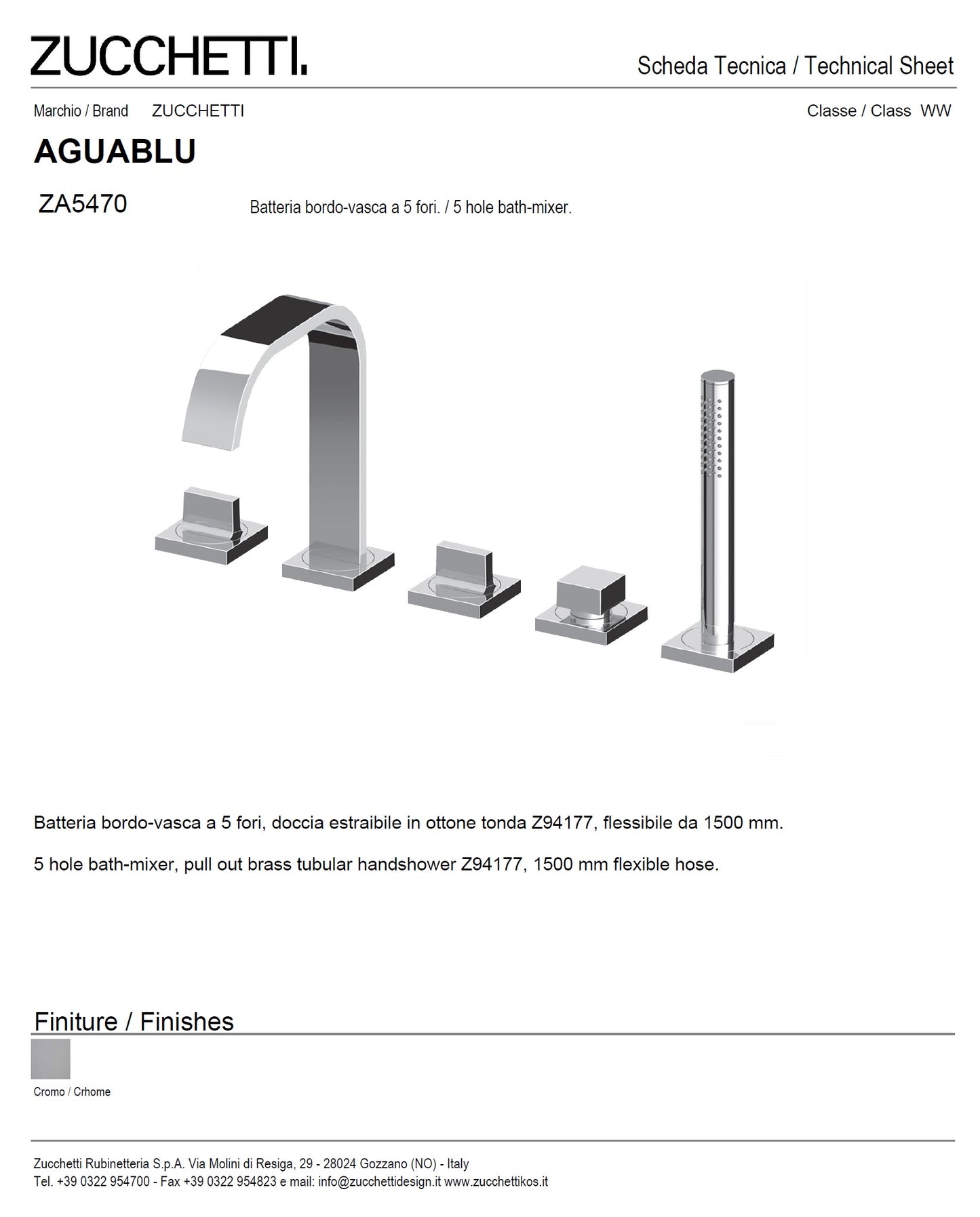 Zucchetti Aguablu ZA5470 5-Hole B/S Mixer w/Diverter+Brass Tubular Handshower & Hose