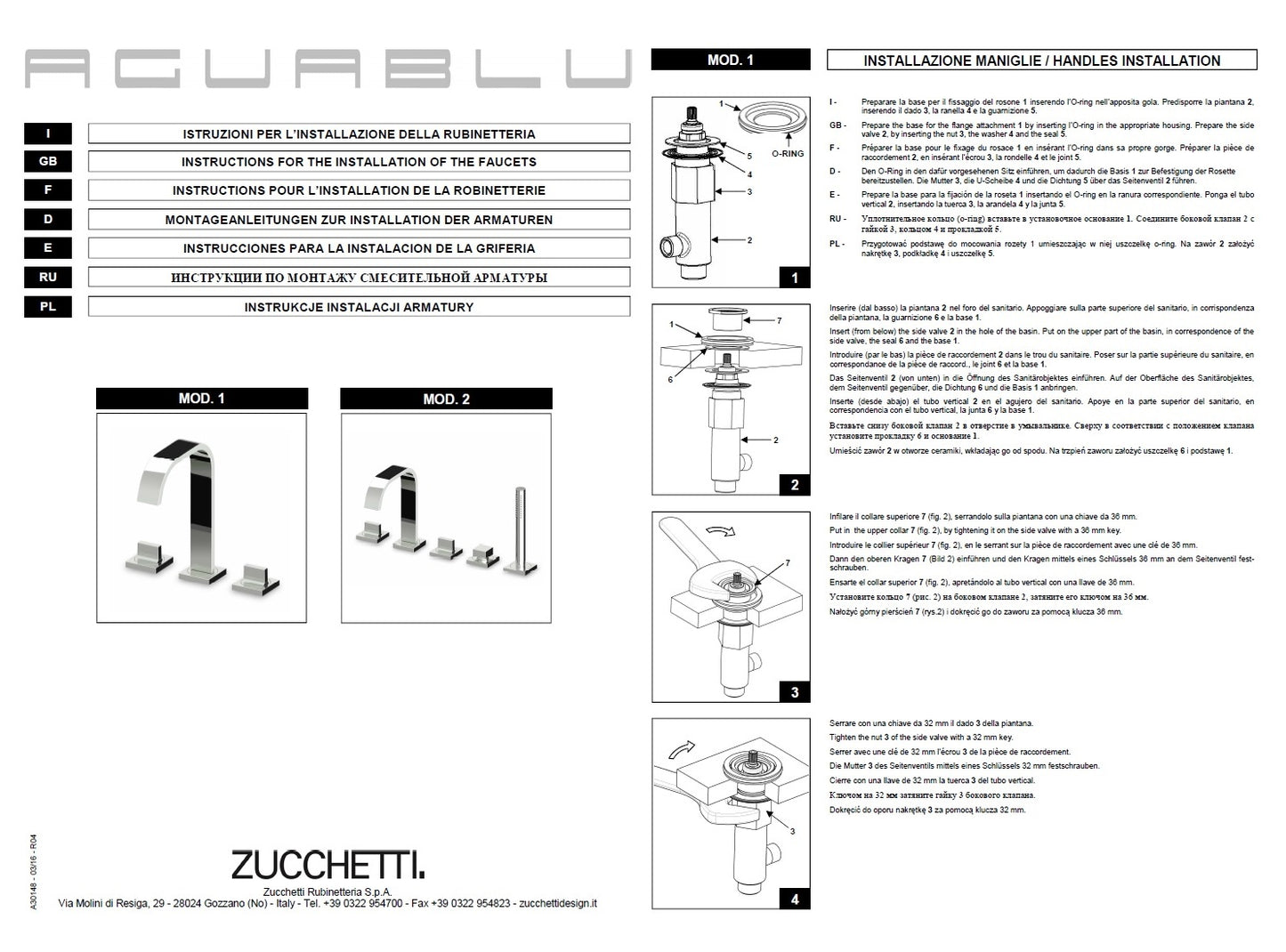 Zucchetti Aguablu ZA5475 5-Hole B/S Mixer w/Diverter+Brass Square Handshower