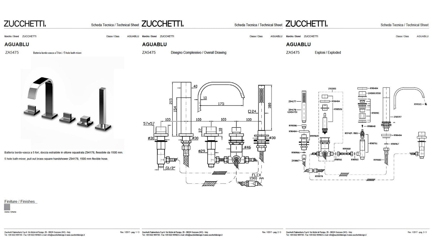 Zucchetti Aguablu ZA5475 5-Hole B/S Mixer w/Diverter+Brass Square Handshower