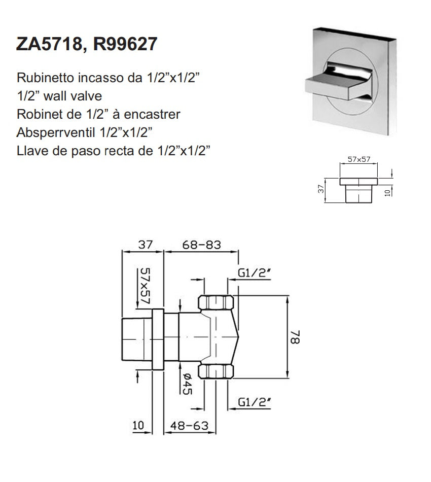 Zucchetti "AGUABLU" ZA5718 wall 1/2" built-in straight valve-external part