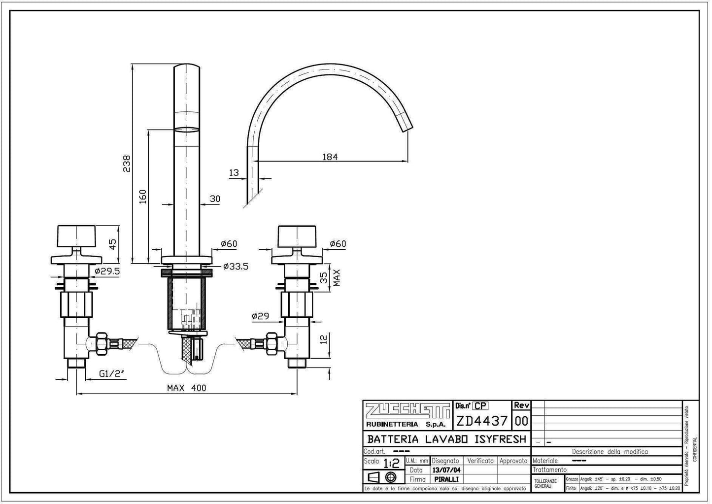 Zucchetti "Isyfresh" ZD5437 Two Cross HandlesAntisplash Sink Mixer w/Fixed Spout. in Chrome Finish