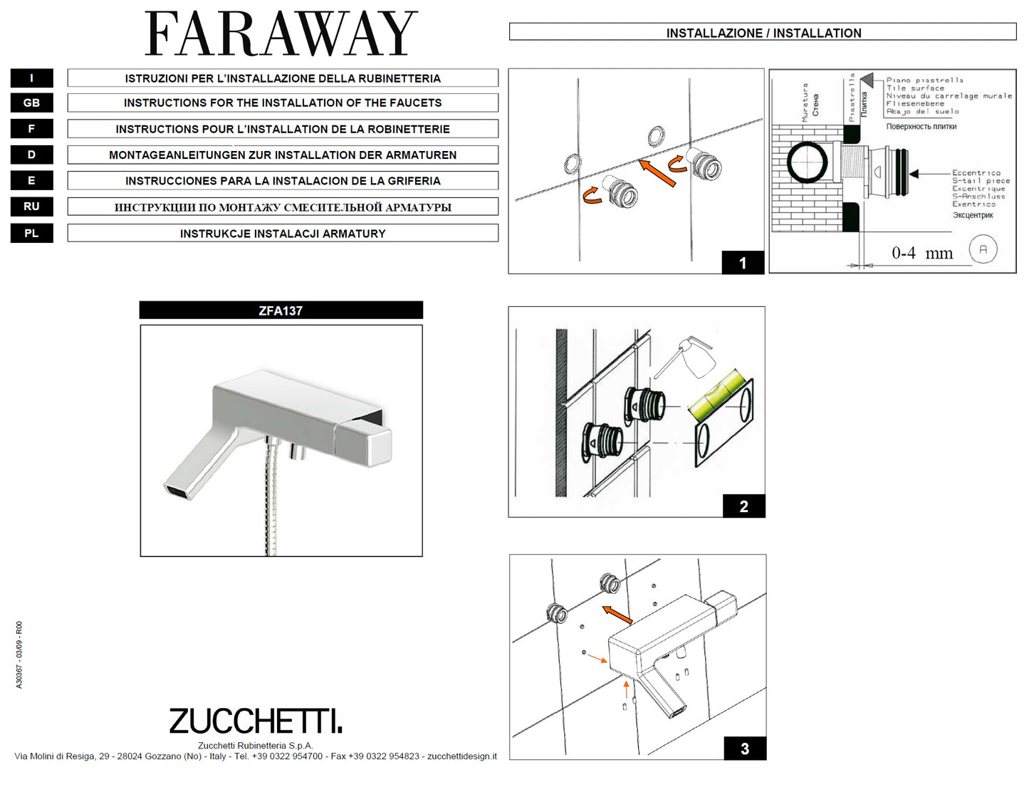 Zucchetti Faraway ZFA137 B/S Mixer w/diverter/wall holder/hand shower/hose. in Chrome Finish