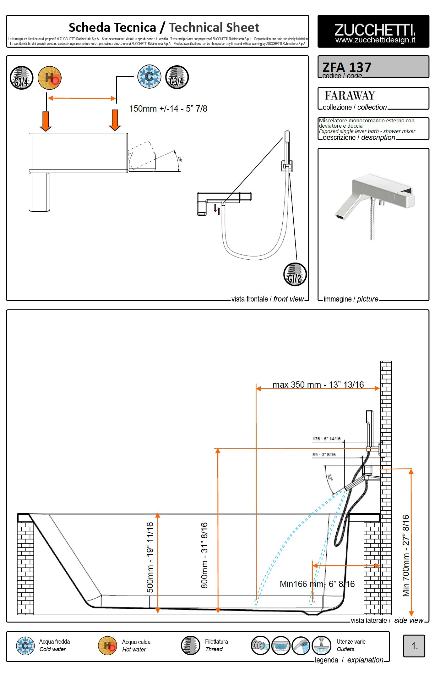 Zucchetti Faraway ZFA137 B/S Mixer w/diverter/wall holder/hand shower/hose. in Chrome Finish