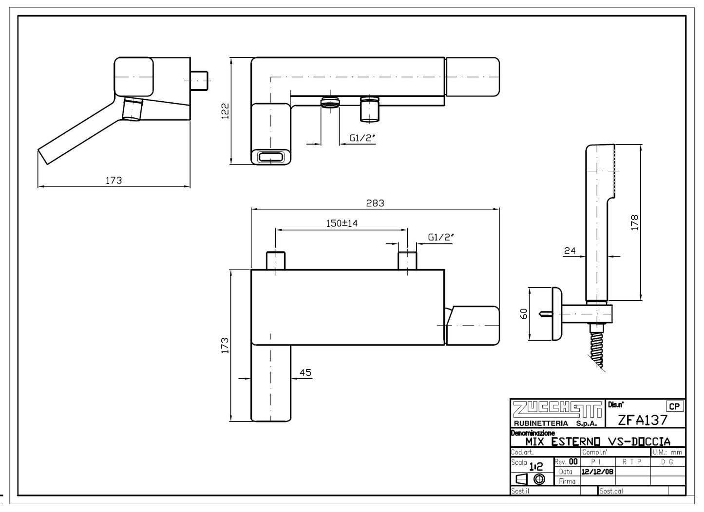 Zucchetti Faraway ZFA137 B/S Mixer w/diverter/wall holder/hand shower/hose. in Chrome Finish