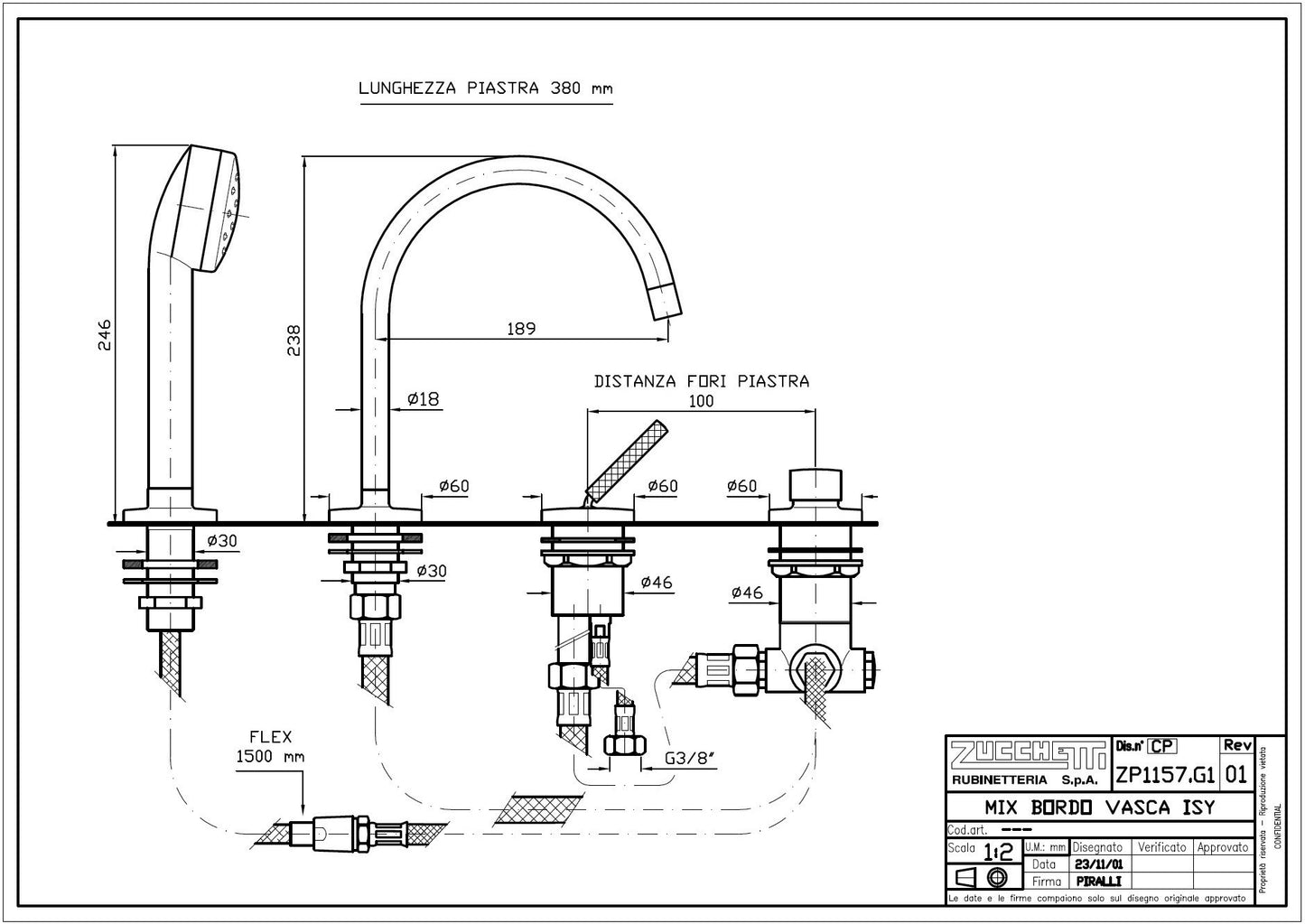 Zucchetti Isycontract ZP1157.G1 Single Lever Swivel Spout Bath Mixer w/Handshower