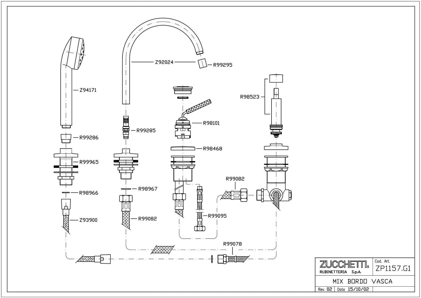 Zucchetti Isycontract ZP1157.G1 Single Lever Swivel Spout Bath Mixer w/Handshower