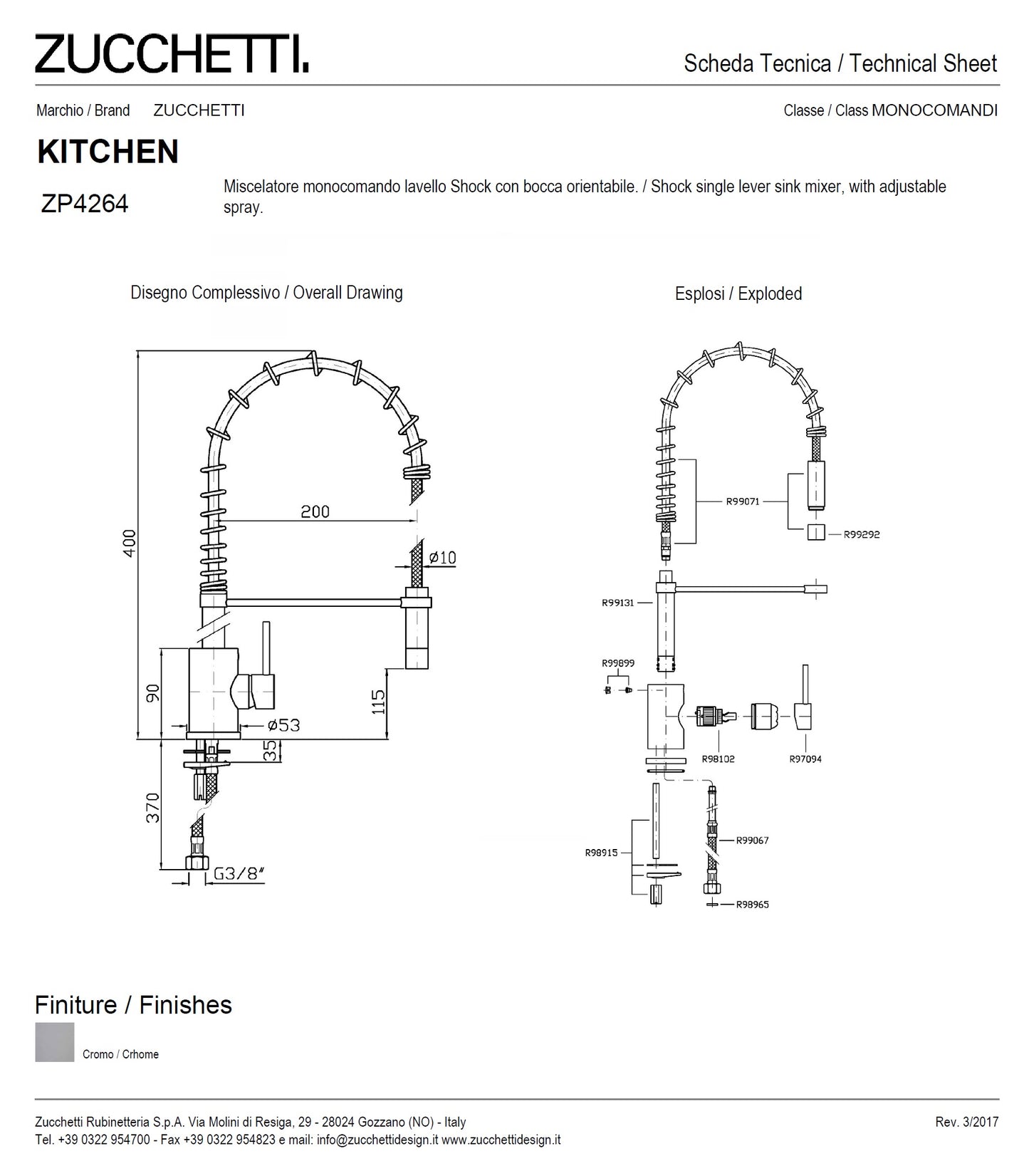 Zucchetti Shock ZP4264 Single lever sink mixer w/adjustable spray & aerator, in Chrome Finish