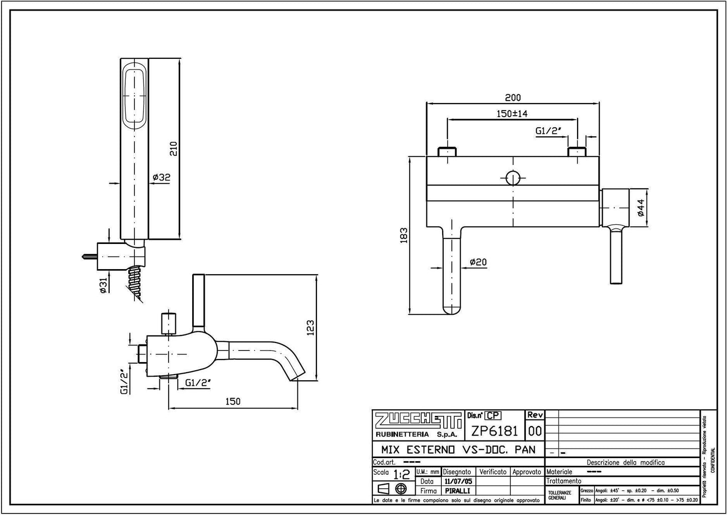 Zucchetti "Pan" ZP6181 Wall Mounted Bath & Shower Mixer w/Diverter & HandShower Set. in Chrome Finish