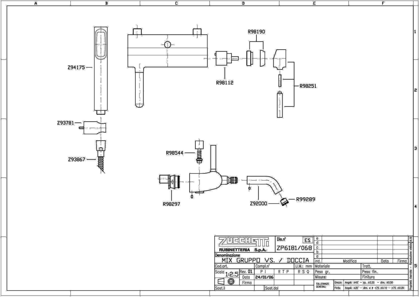 Zucchetti "Pan" ZP6181 Wall Mounted Bath & Shower Mixer w/Diverter & HandShower Set. in Chrome Finish