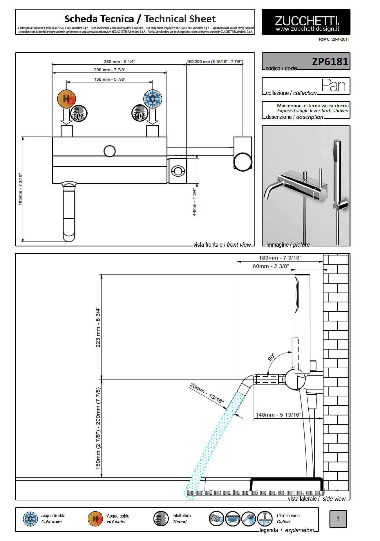 Zucchetti "Pan" ZP6181 Wall Mounted Bath & Shower Mixer w/Diverter & HandShower Set. in Chrome Finish