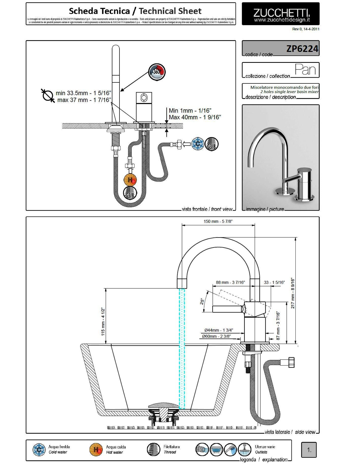 Zucchetti "Pan" ZP6224 Single Lever Basin Mixer w/Swivel Spout & Aerator