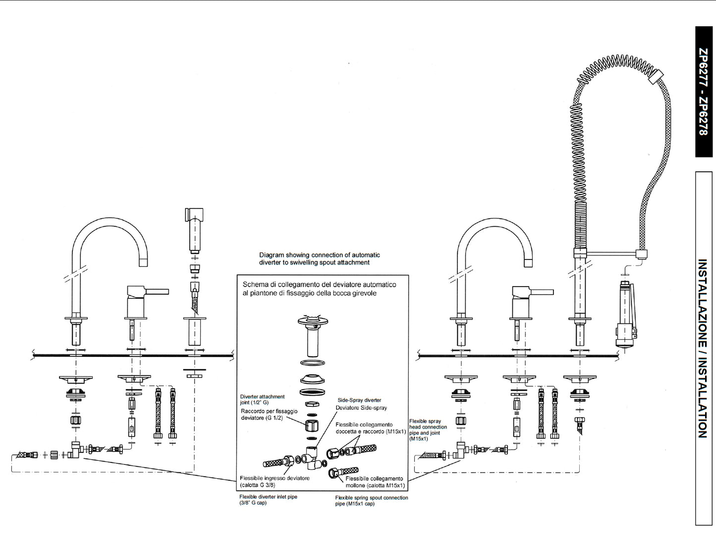 Zucchetti "Pan" ZP6277 Kitchen Sink Mixer w/Pull-Out Spray/Swivel Spout/Diverter. in Chrome Finish