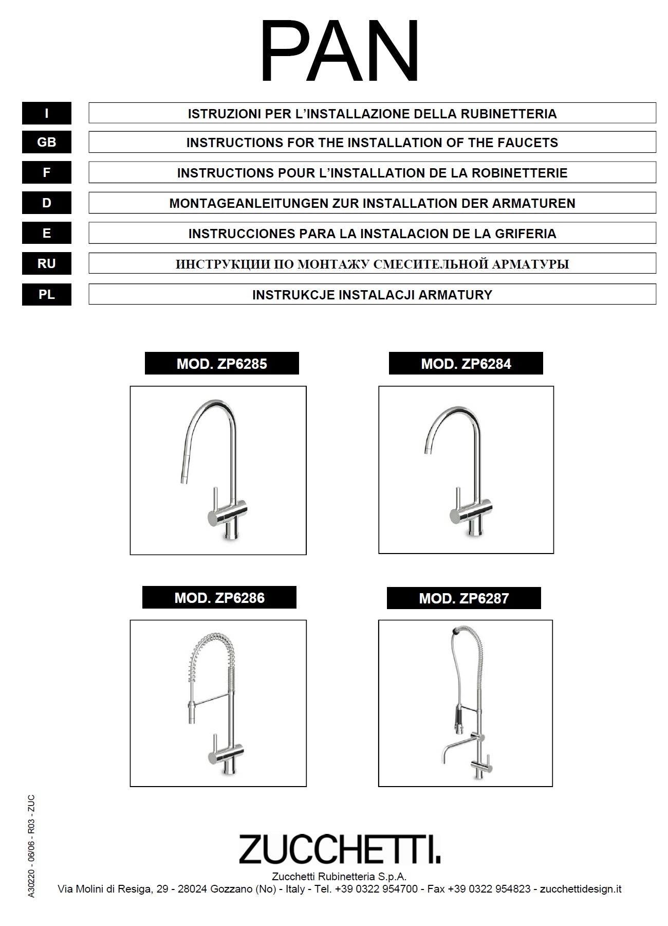 Zucchetti "Pan" ZP6287 sink mixer swivel spout pull-out spray w/diverter. in Chrome Finish