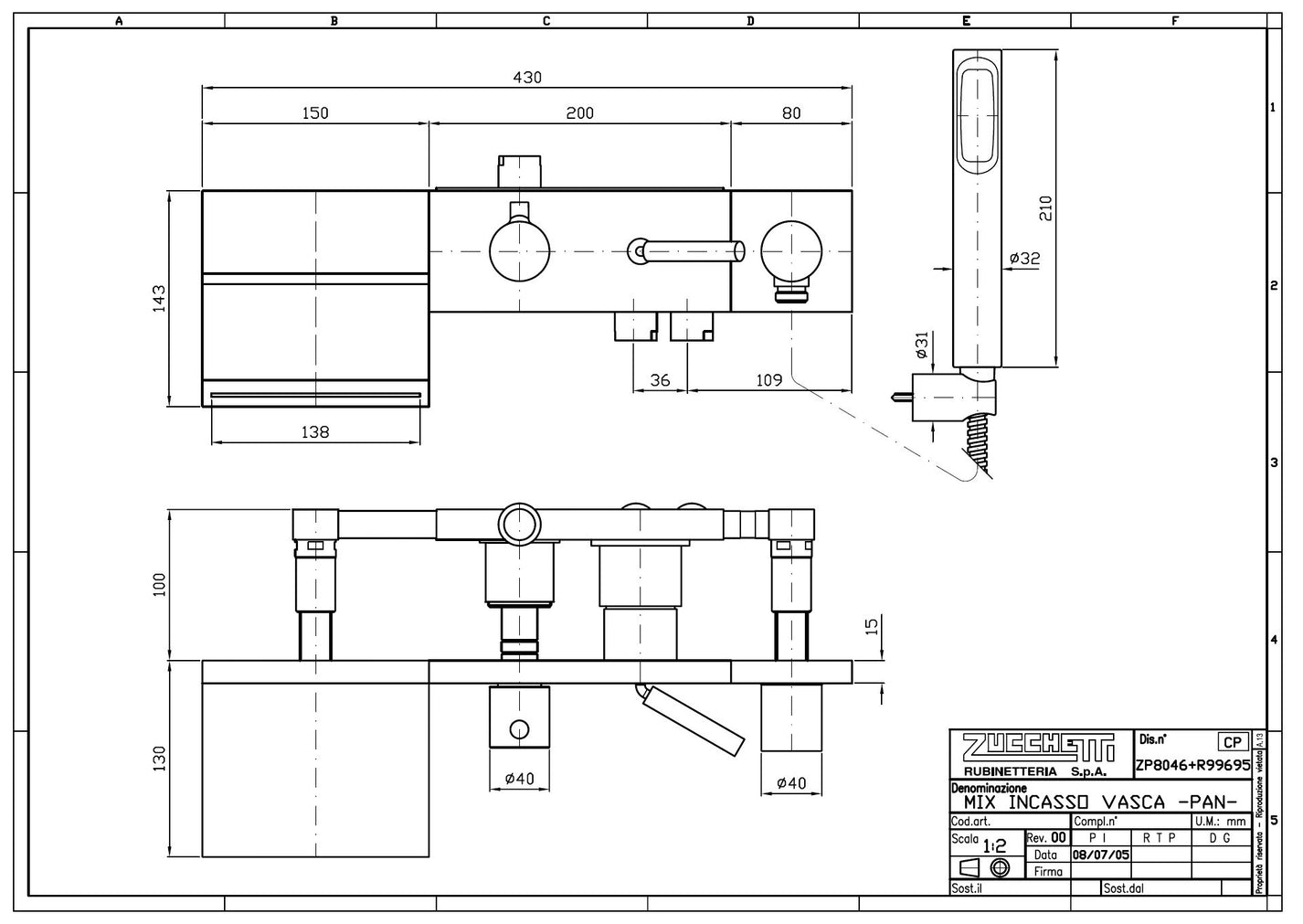 Zucchetti Pan ZP8046 Single Lever Bath-Shower Mixer w/3-Way Diverter ...
