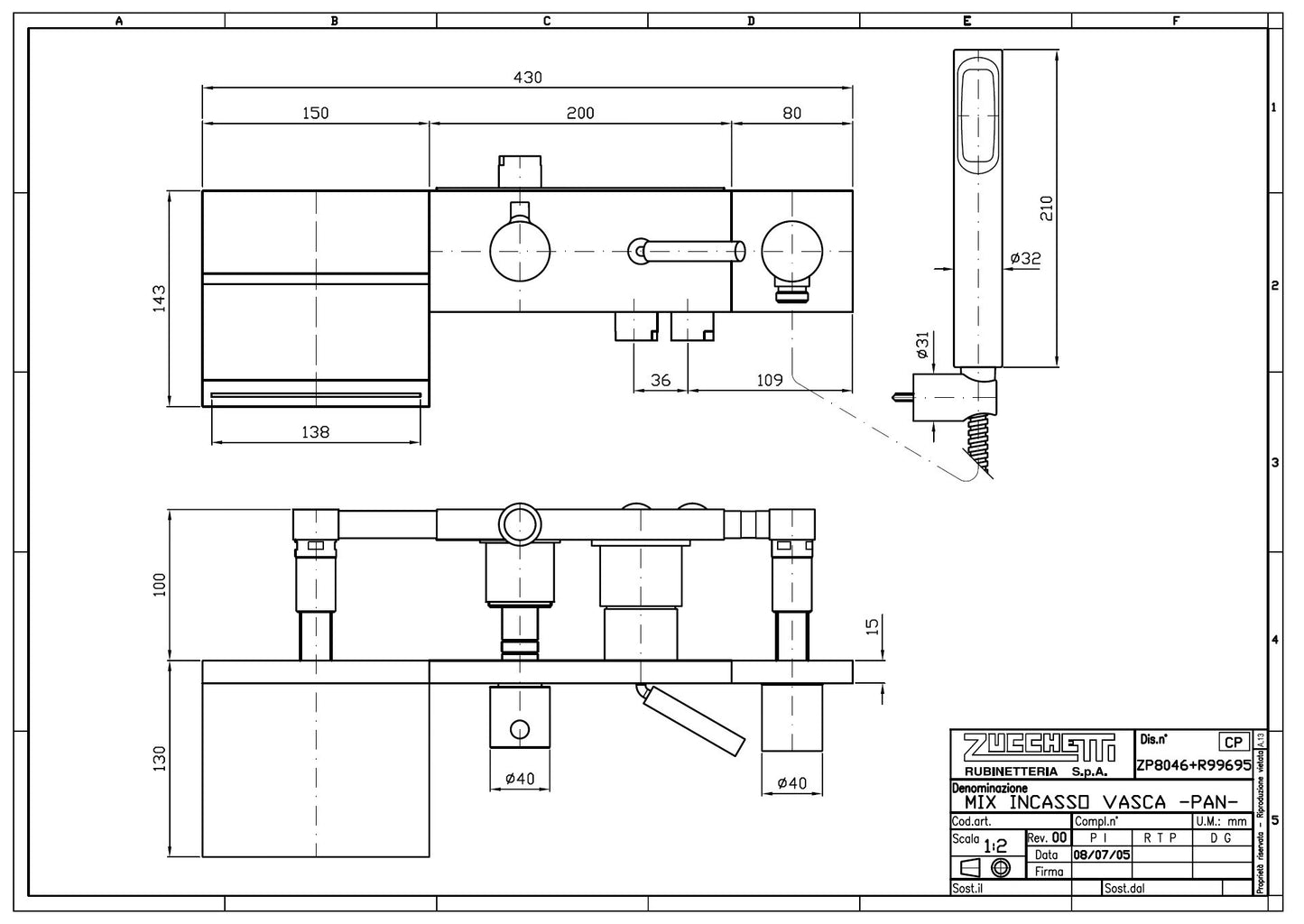 Zucchetti Pan ZP8046 B/S Mixer w/3-Way Diverter&Shower Set +R99695 Built-in Part