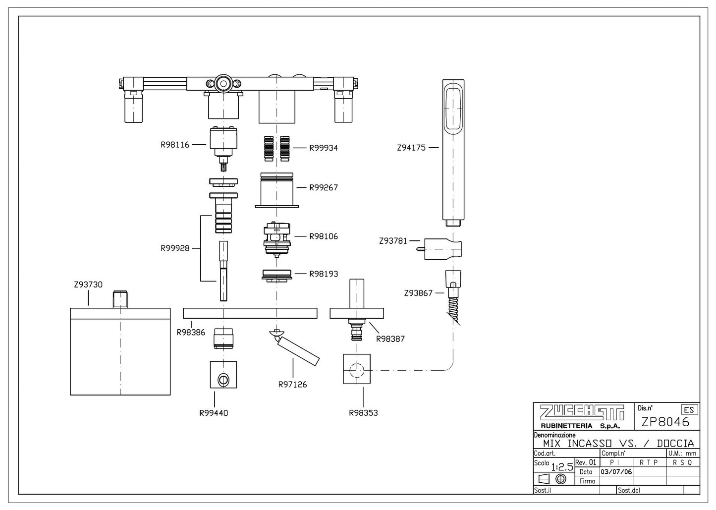 Zucchetti Pan ZP8046 B/S Mixer w/3-Way Diverter&Shower Set +R99695 Built-in Part