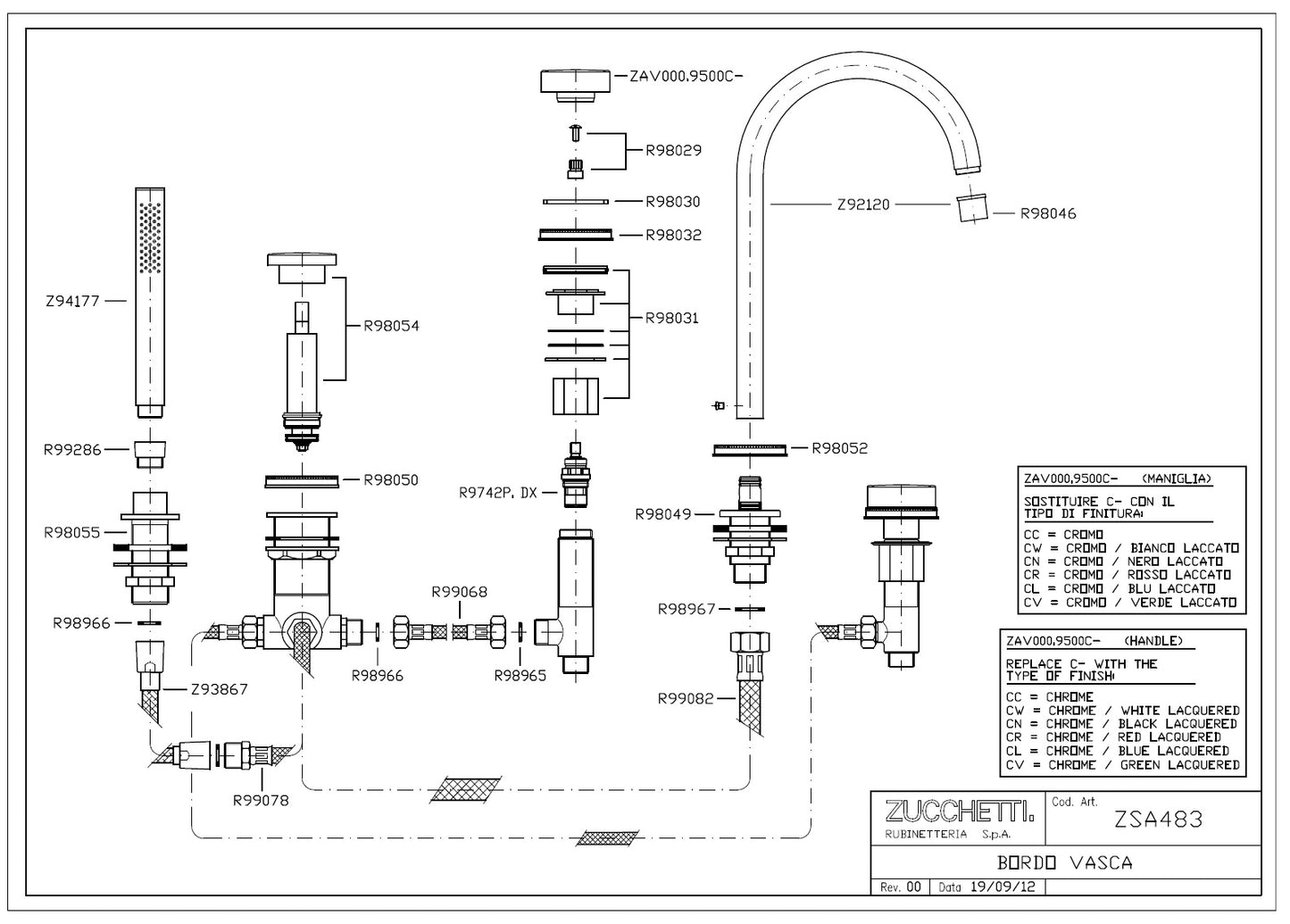 Zucchetti Savoir ZSA483.CN 5-hole bath mixer w/pull-out handshower & shower hose