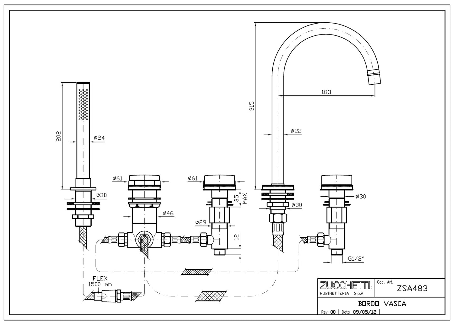 Zucchetti Savoir ZSA483.CN 5-hole bath mixer w/pull-out handshower & shower hose