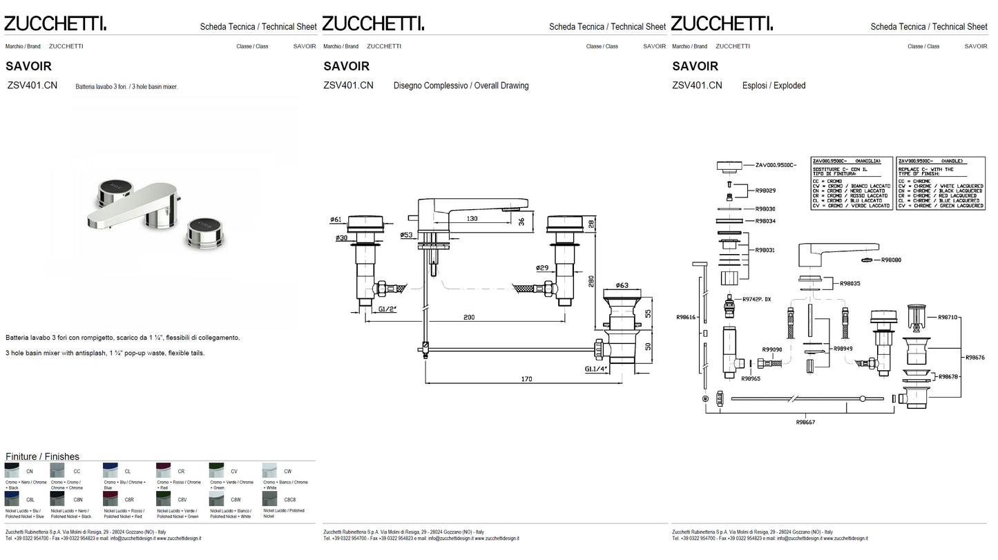 Zucchetti Savoir ZSV401.CN 3-Hole Basin Mixer w/Antisplash, 1¼" Pop-up Waste. in Chrome Finish