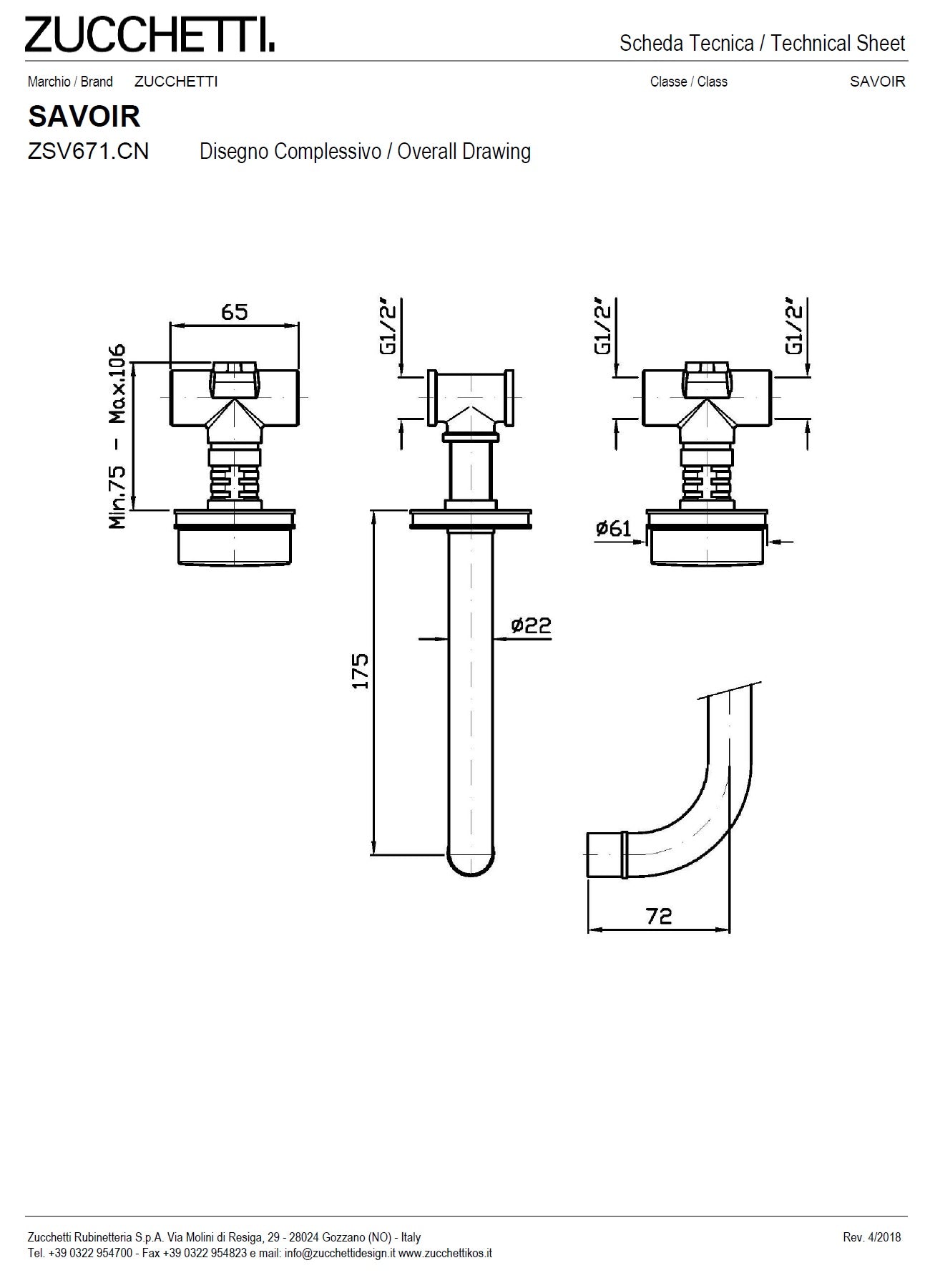 Zucchetti Savoir ZSV671.CN Built-in 3-Hole Basin Mixer 175mm Spout w/Aerator