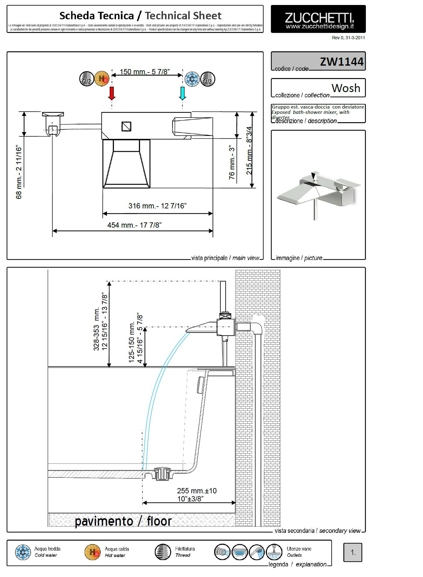 Zucchetti "Wosh" ZW1144 Bath & Shower Mixer w/Diverter & Hand Shower Set. in Chrome Finish