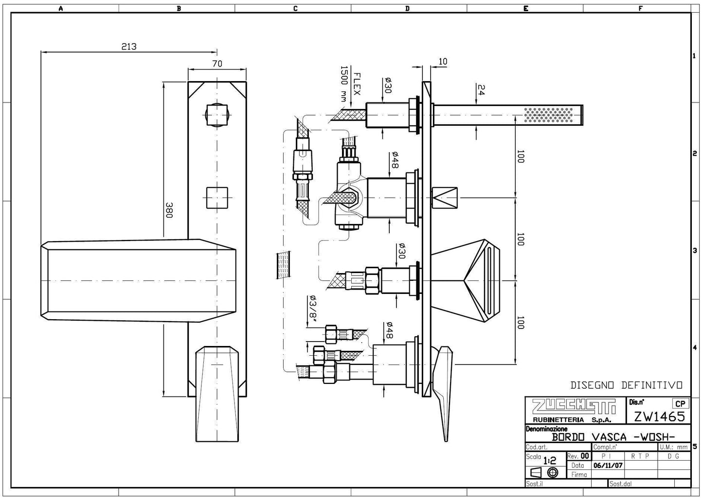 Zucchetti "Wosh" ZW1465 D.M 4-Hole Bath Mixer w/Diverter+Shower Set