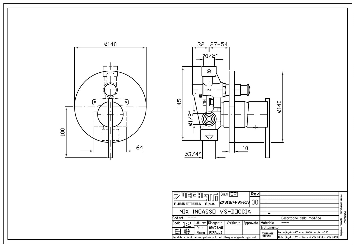 Zucchetti "Spin" ZX3112 W.M bath shower mixer w/R99653 Built-In Part