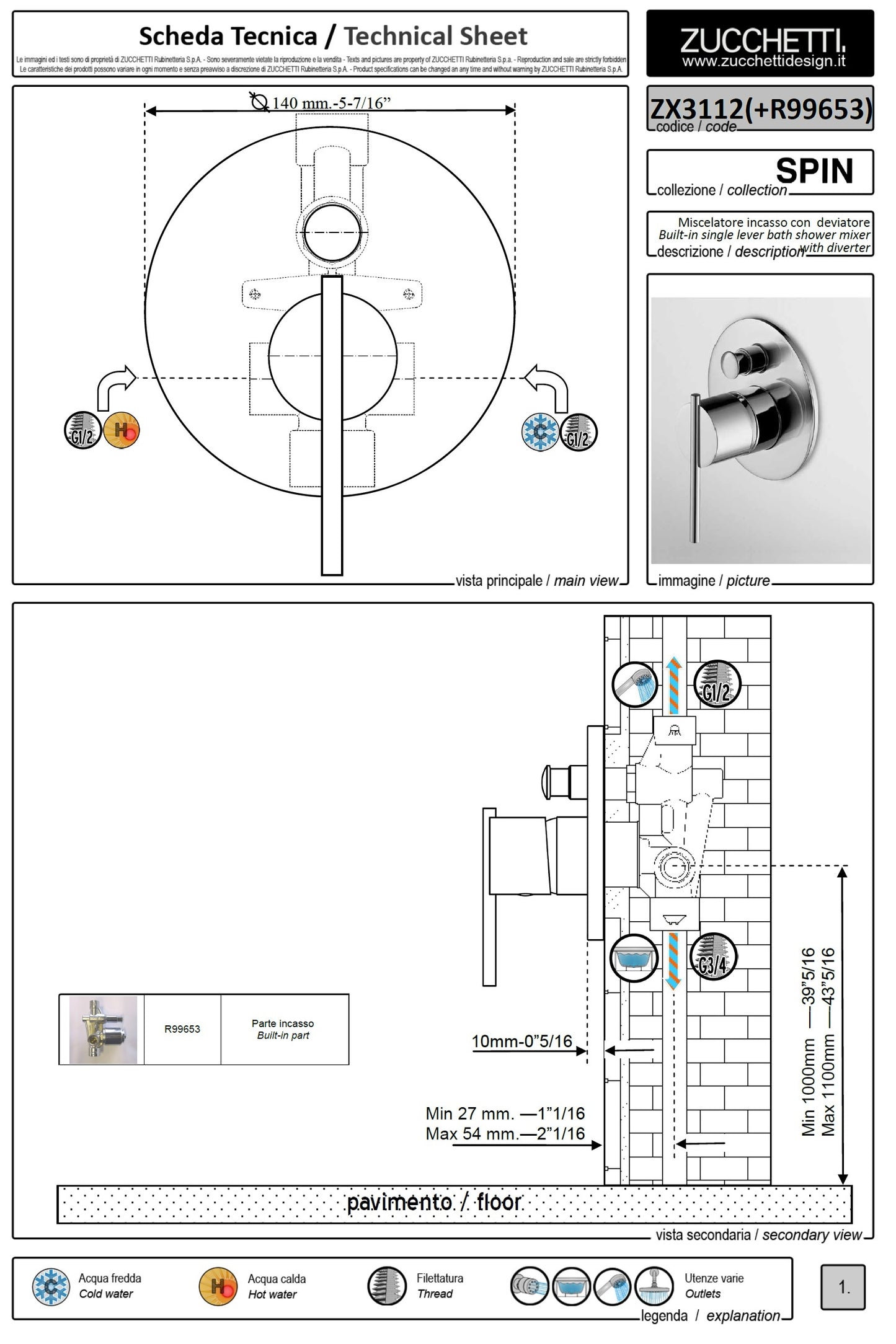 Zucchetti "Spin" ZX3112 W.M bath shower mixer w/R99653 Built-In Part